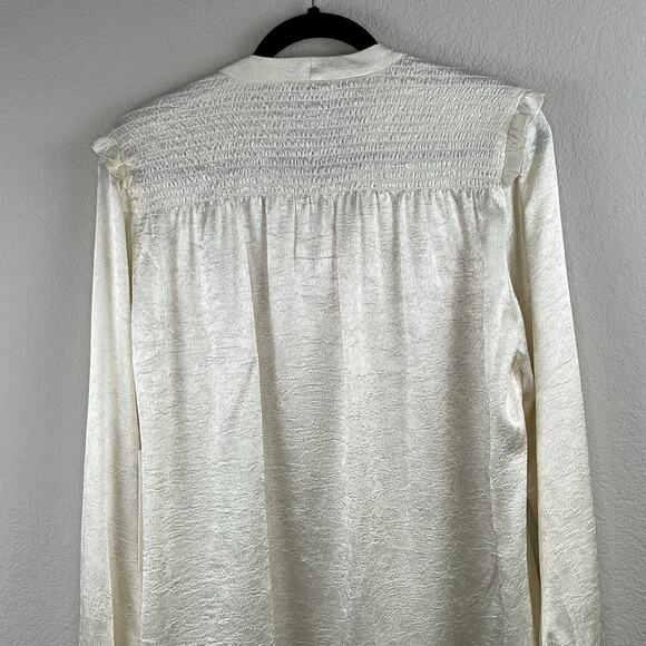 Calvin Klein Smock Textured Tie-Neck Ruffled Cream Long Sleeve Blouse Large NWT - Picture 10 of 16